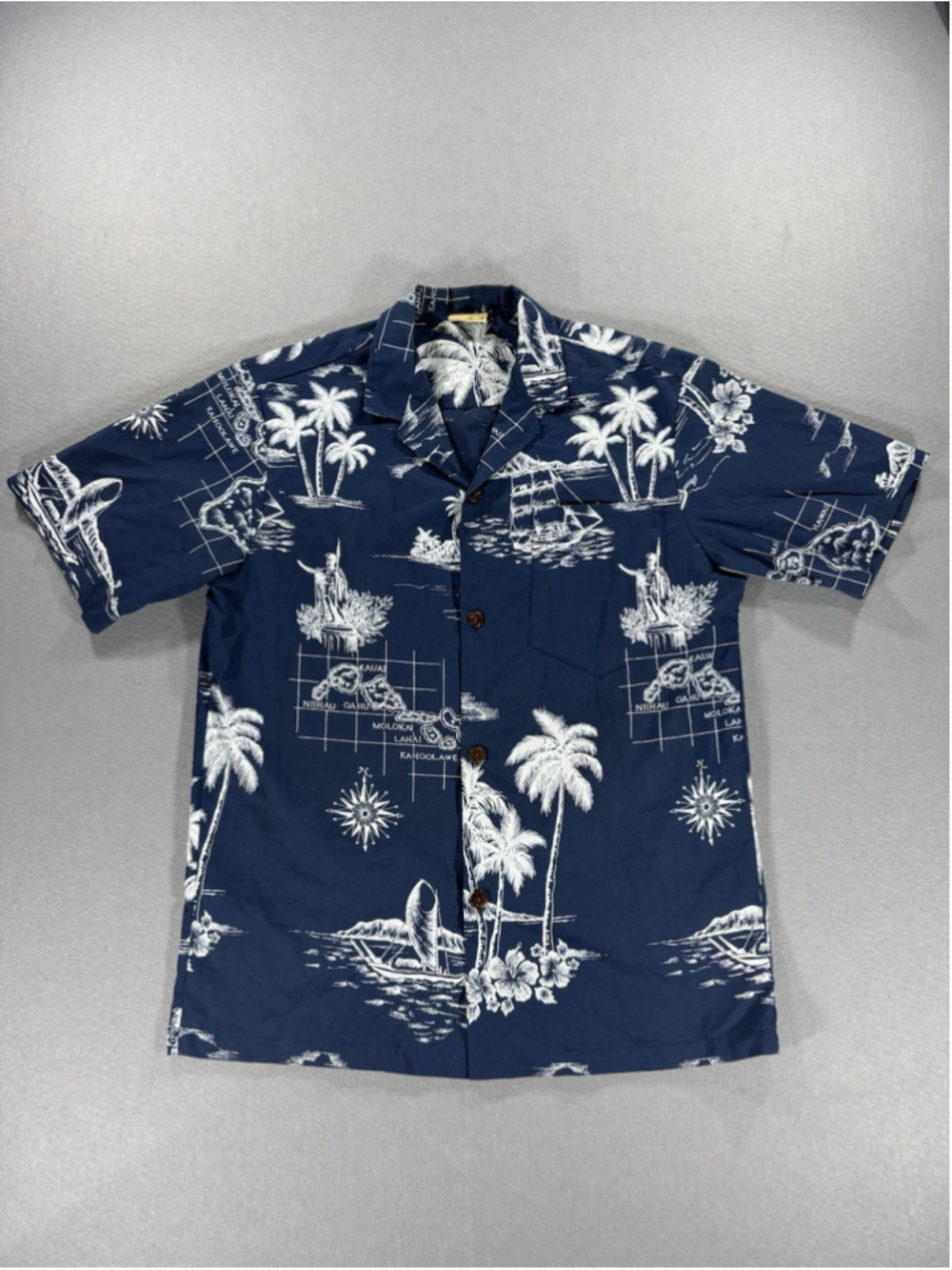 Vintage Royal Creations Hawaiian Shirt Mens S Blue Map King Kamehameha Sailboat
